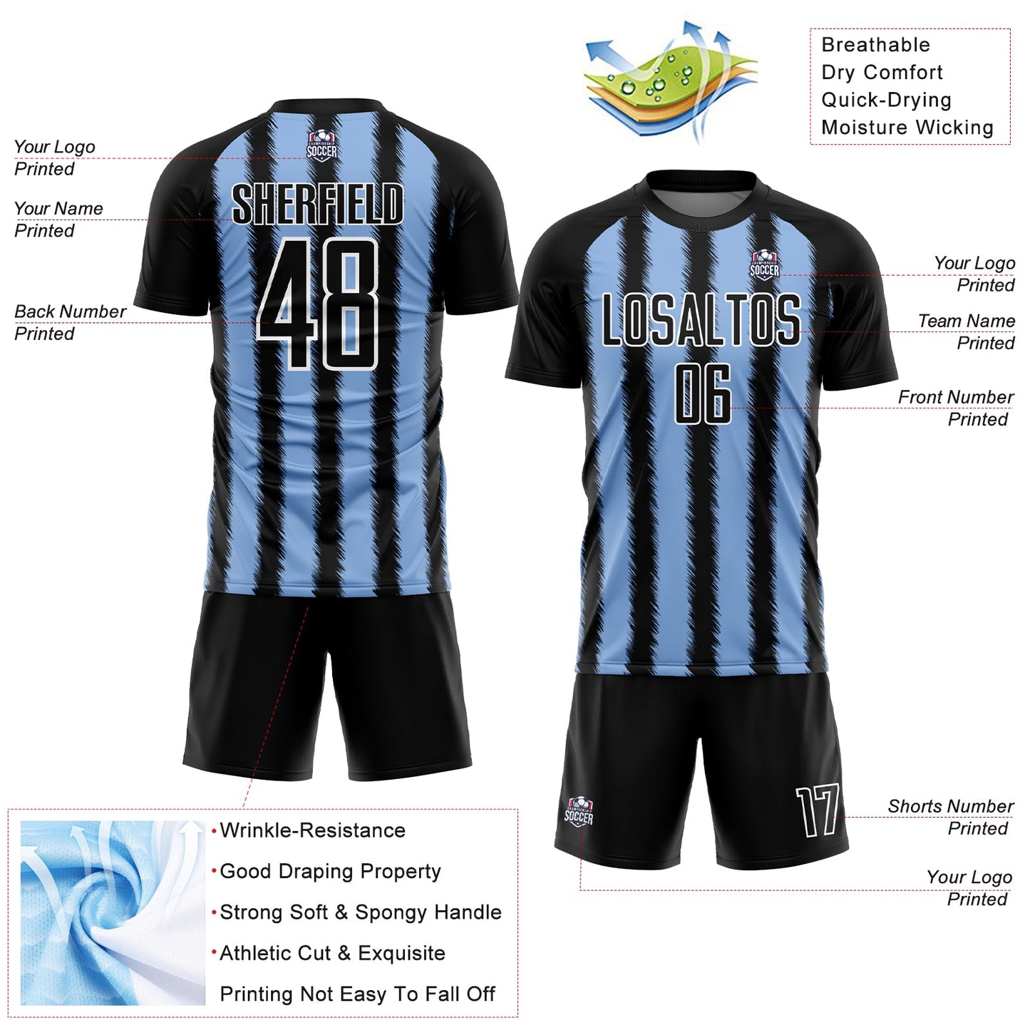 Custom Black Light Blue-White Line Sublimation Soccer Uniform Jersey - Sky-Custom