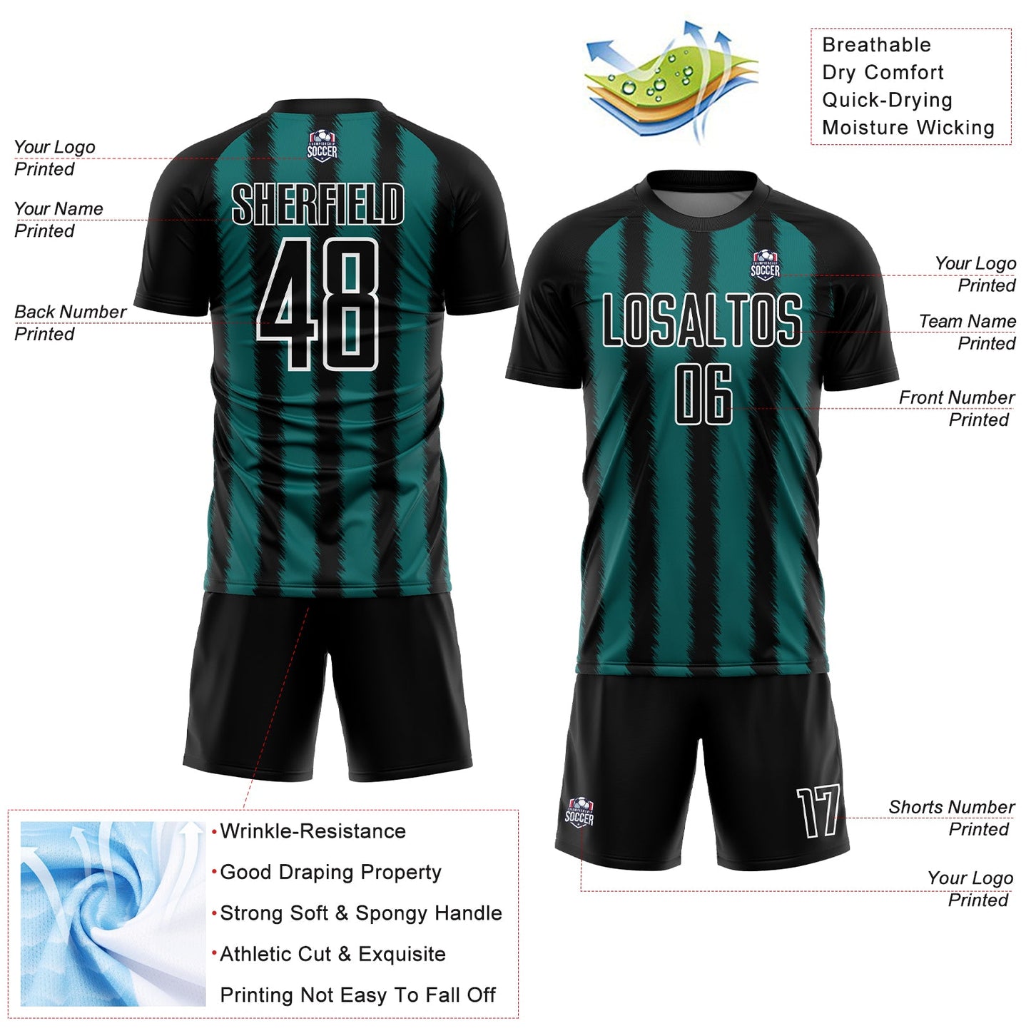 Custom Black Teal-White Line Sublimation Soccer Uniform Jersey - Sky-Custom