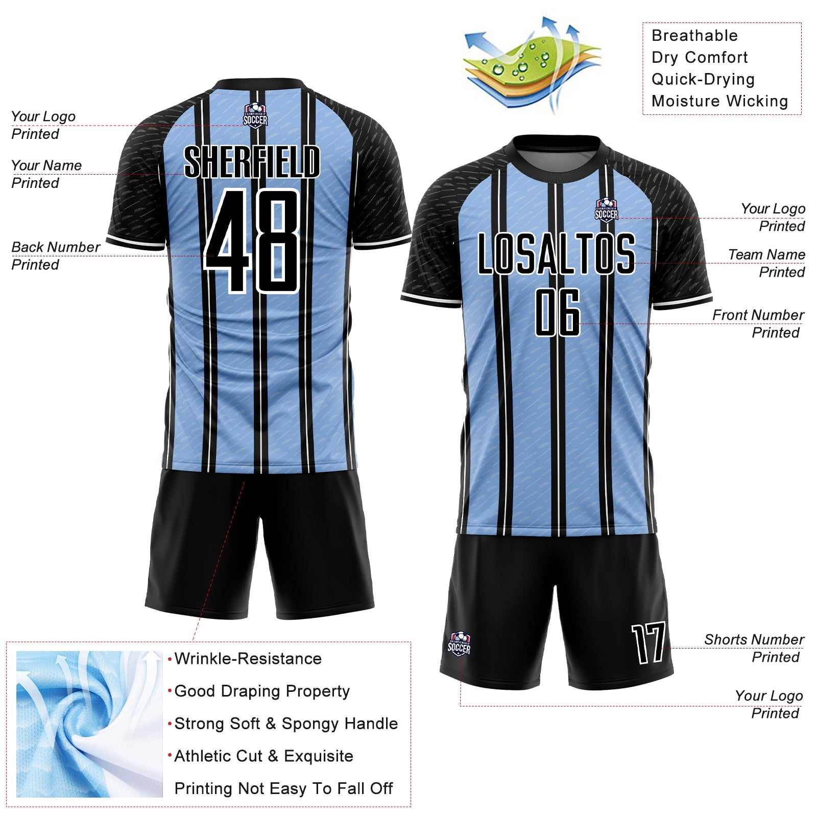 Custom Black Light Blue-White Line Sublimation Soccer Uniform Jersey - Sky-Custom