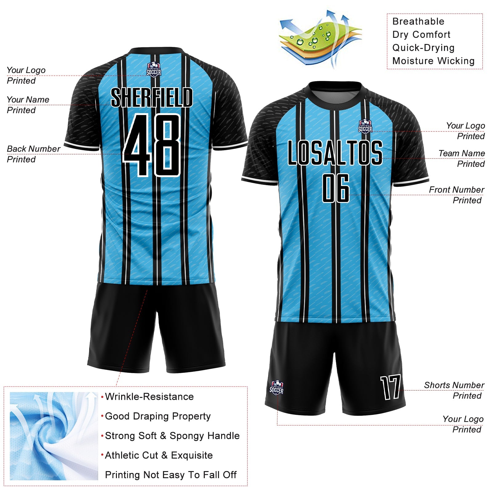 Custom Black Sky Blue-White Line Sublimation Soccer Uniform Jersey - Sky-Custom