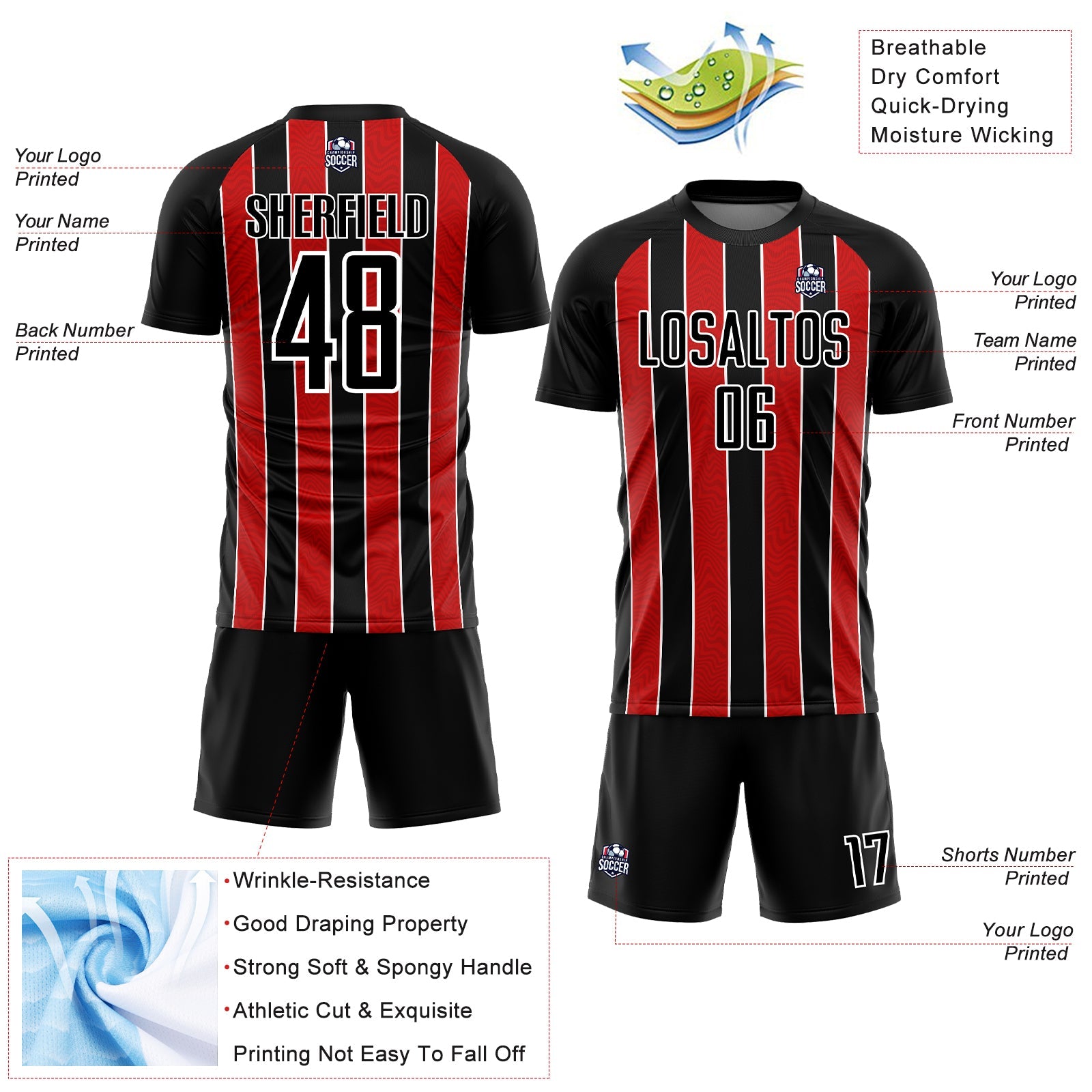 Custom Black Red-White Line Sublimation Soccer Uniform Jersey - Sky-Custom