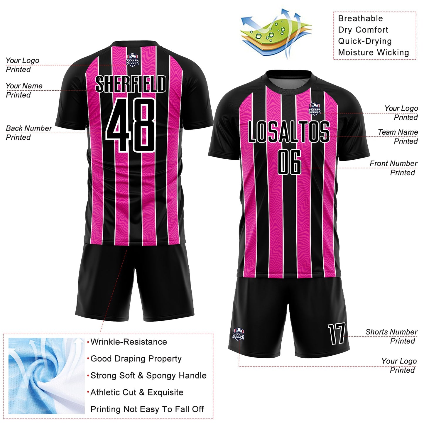 Custom Black Pink-White Line Sublimation Soccer Uniform Jersey - Sky-Custom