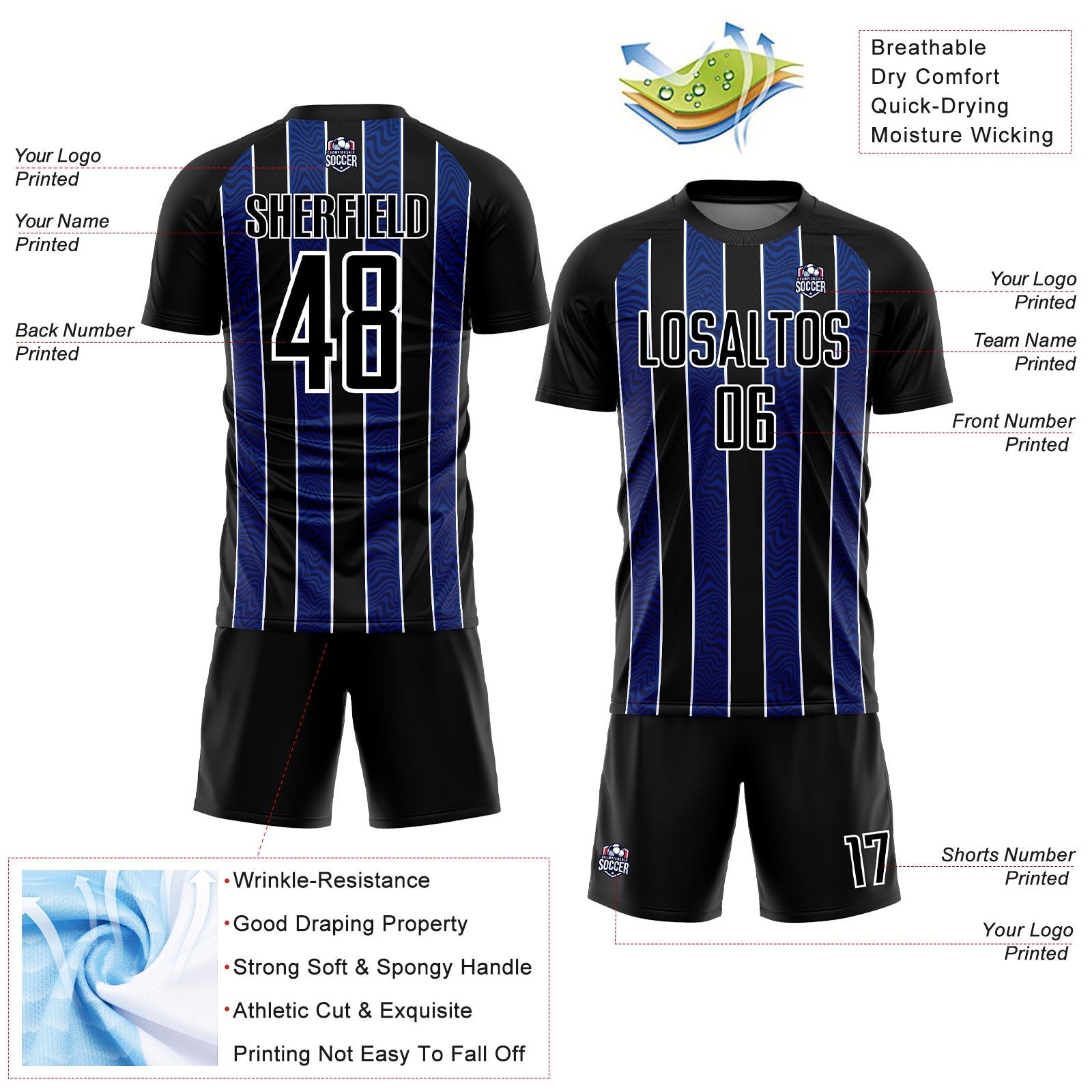 Custom Black Royal-White Line Sublimation Soccer Uniform Jersey - Sky-Custom