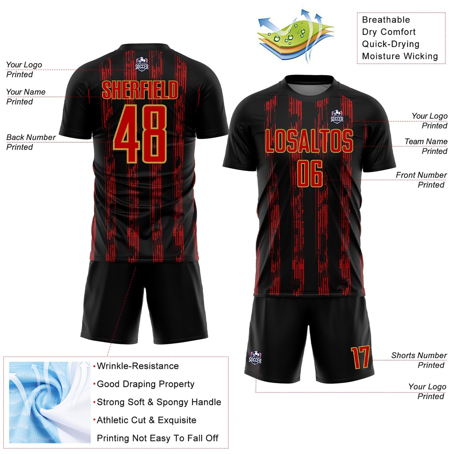 Custom Black Red-Old Gold Line Sublimation Soccer Uniform Jersey - Sky-Custom