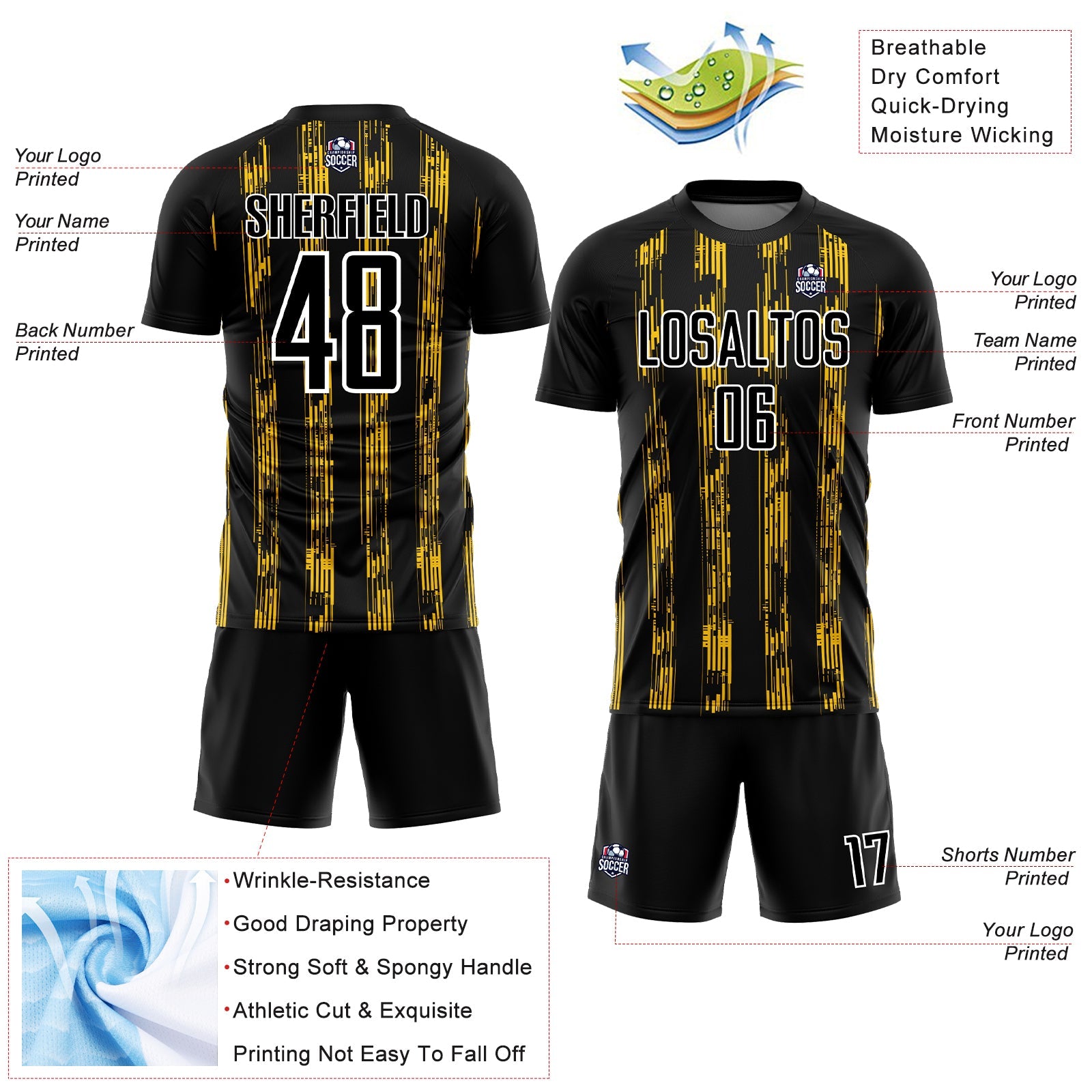 Custom Black Yellow-White Line Sublimation Soccer Uniform Jersey - Sky-Custom