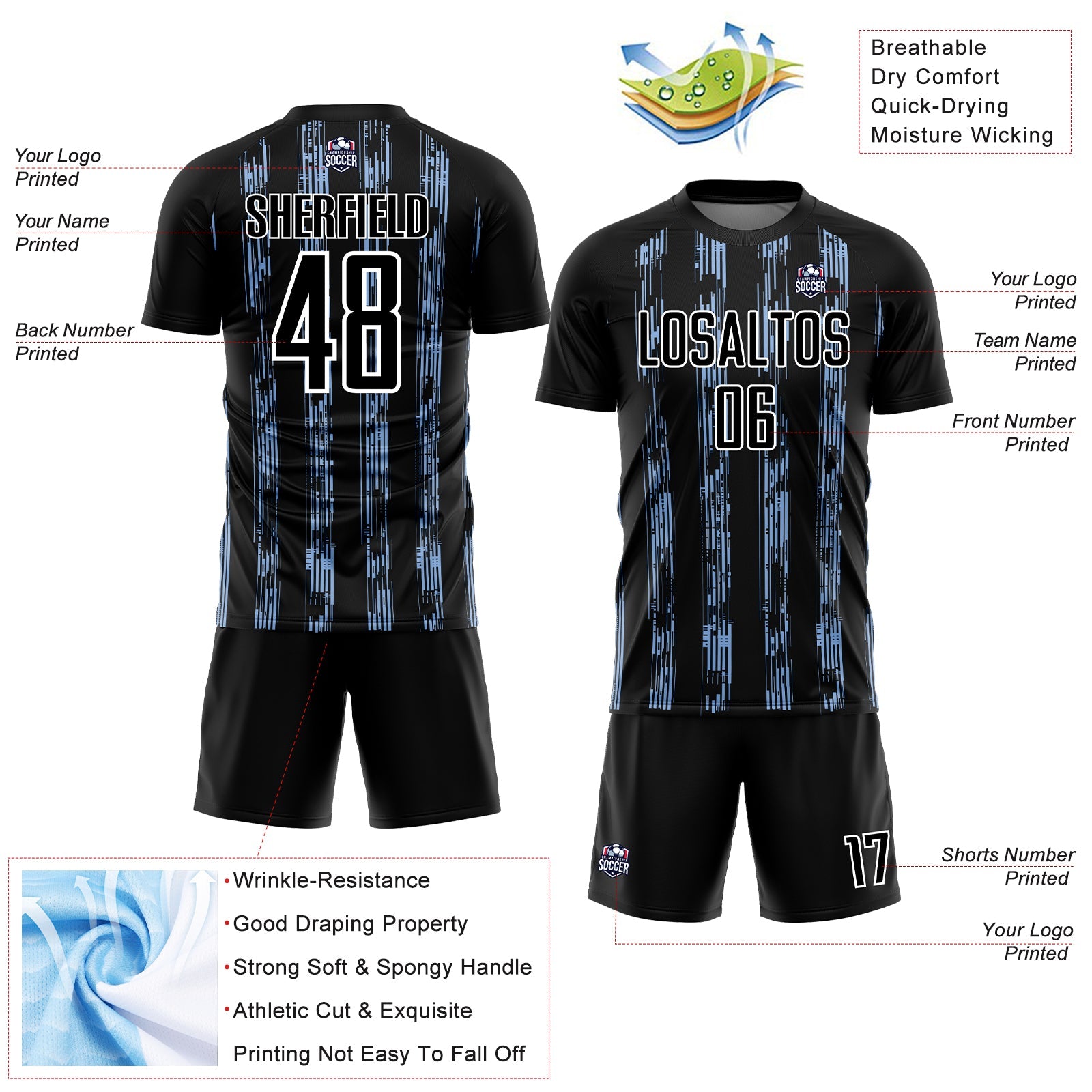 Custom Black Light Blue-White Line Sublimation Soccer Uniform Jersey - Sky-Custom