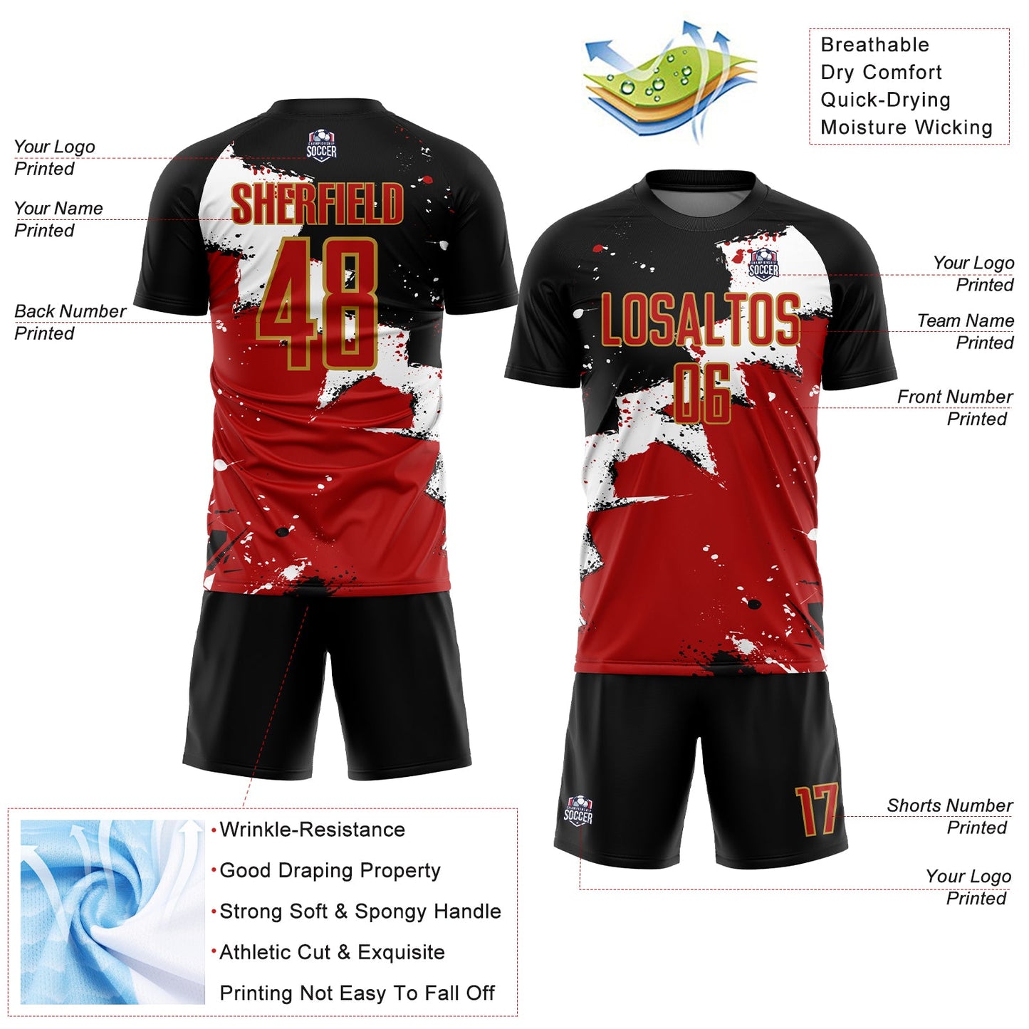 Custom Black Red-Old Gold Splash Sublimation Soccer Uniform Jersey - Sky-Custom