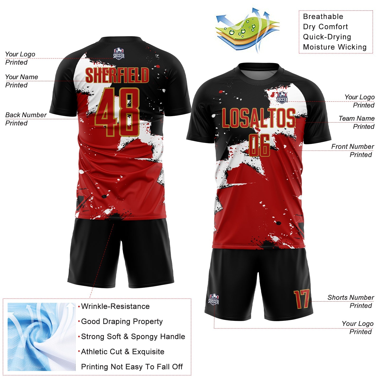 Custom Black Red-Old Gold Splash Sublimation Soccer Uniform Jersey - Sky-Custom