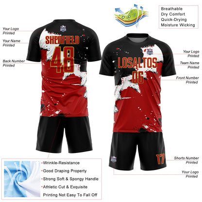 Custom Black Red-Old Gold Splash Sublimation Soccer Uniform Jersey - Sky-Custom