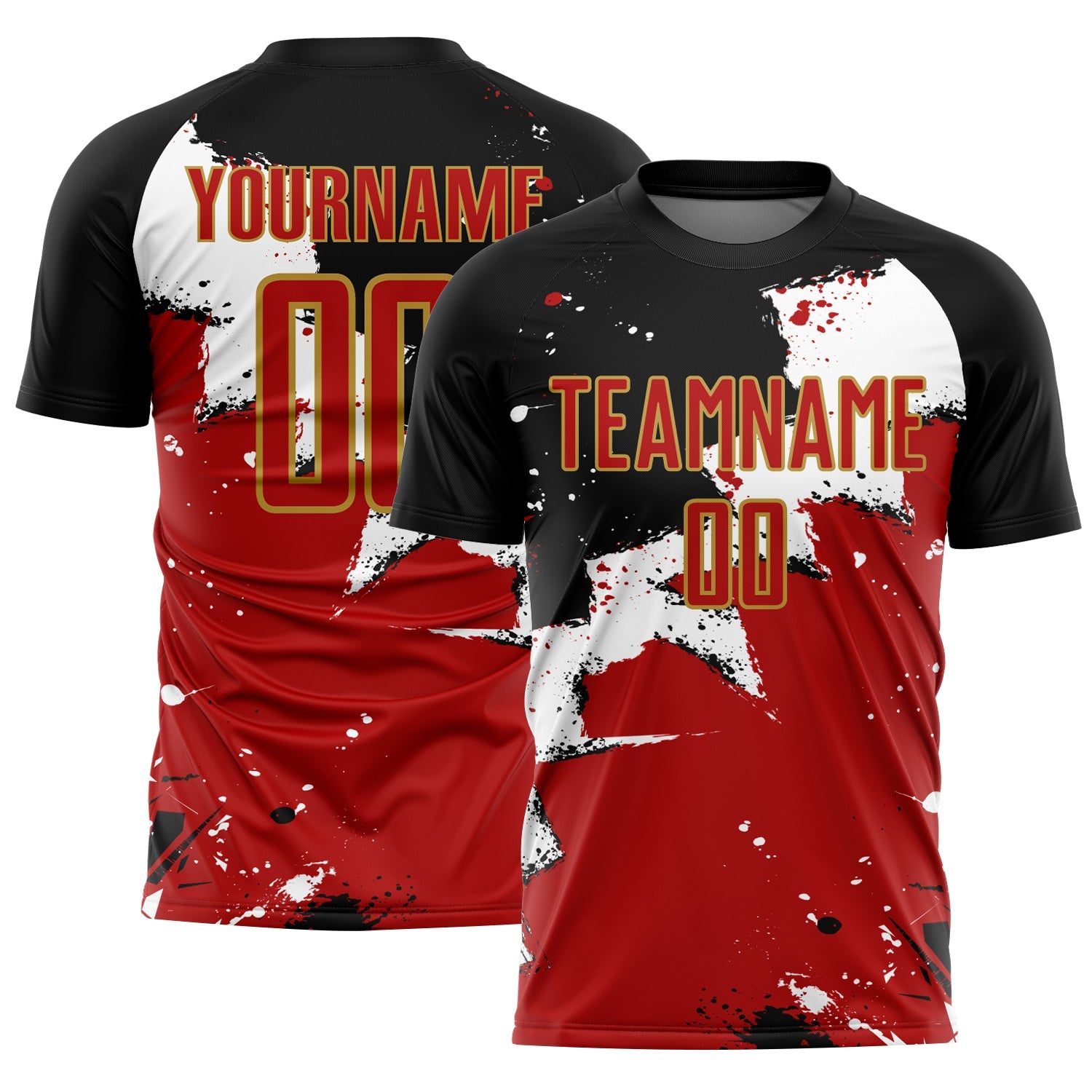 Custom Black Red-Old Gold Splash Sublimation Soccer Uniform Jersey - Sky-Custom