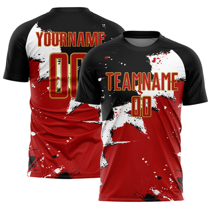 Custom Black Red-Old Gold Splash Sublimation Soccer Uniform Jersey - Sky-Custom