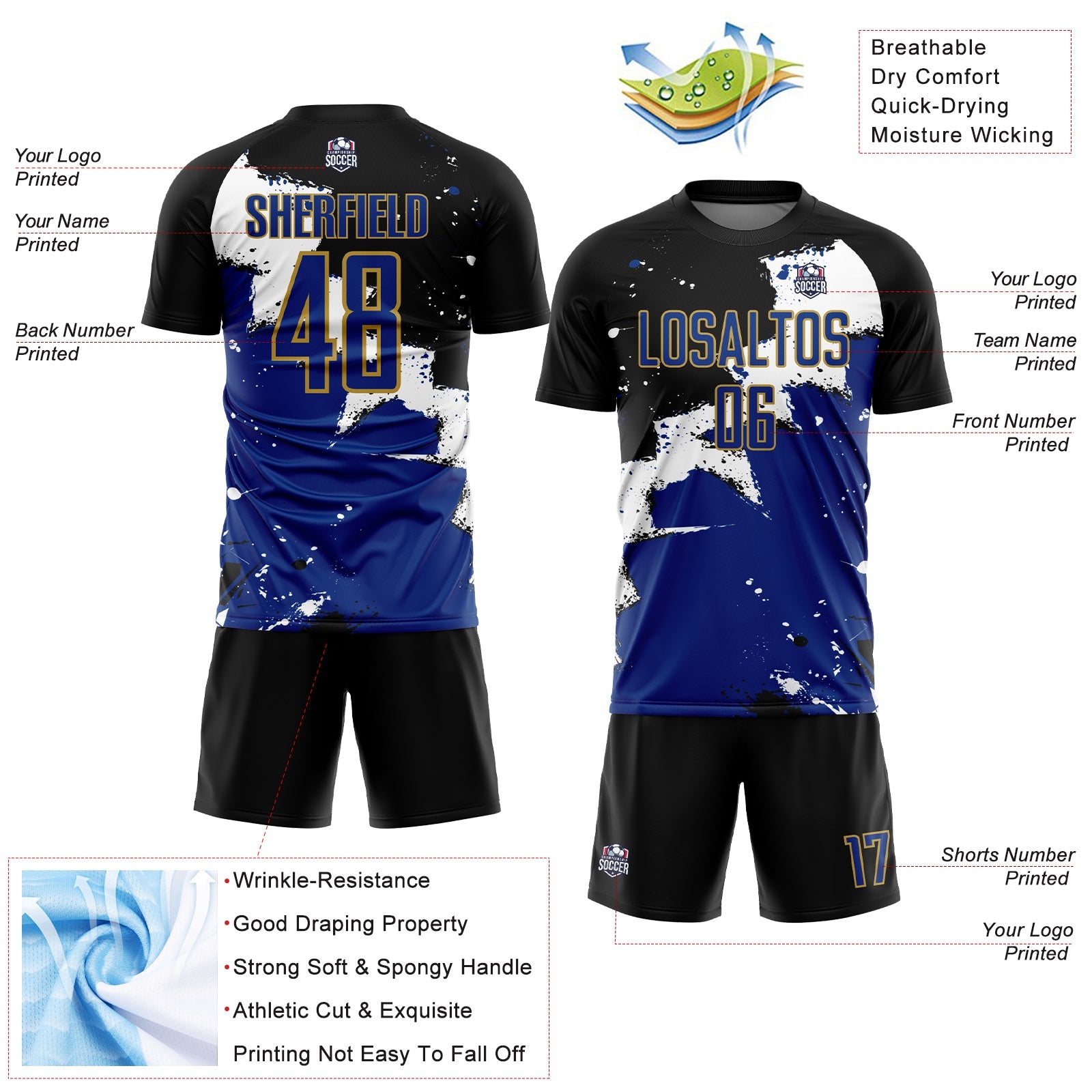 Custom Black Royal-Old Gold Splash Sublimation Soccer Uniform Jersey - Sky-Custom
