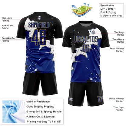 Custom Black Royal-Old Gold Splash Sublimation Soccer Uniform Jersey - Sky-Custom