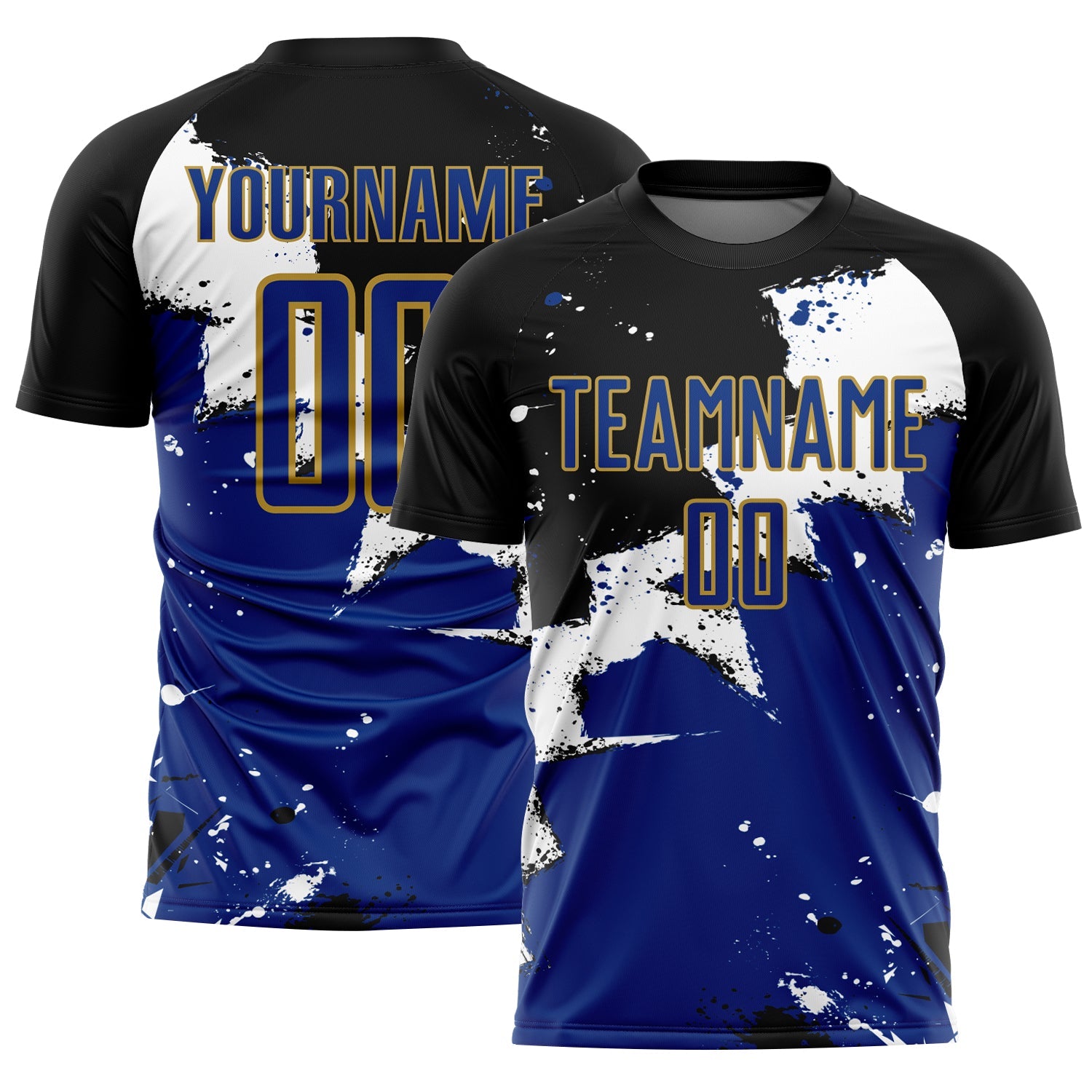 Custom Black Royal-Old Gold Splash Sublimation Soccer Uniform Jersey - Sky-Custom