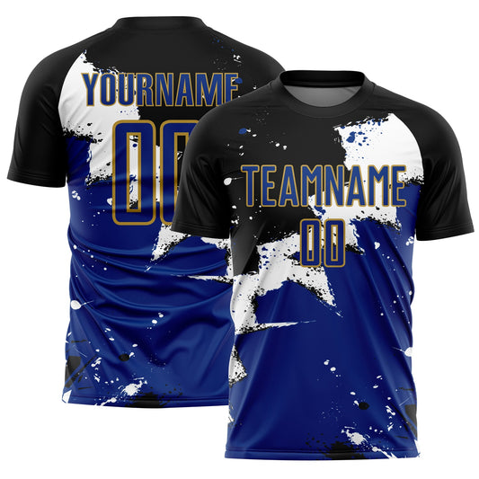 Custom Black Royal-Old Gold Splash Sublimation Soccer Uniform Jersey - Sky-Custom