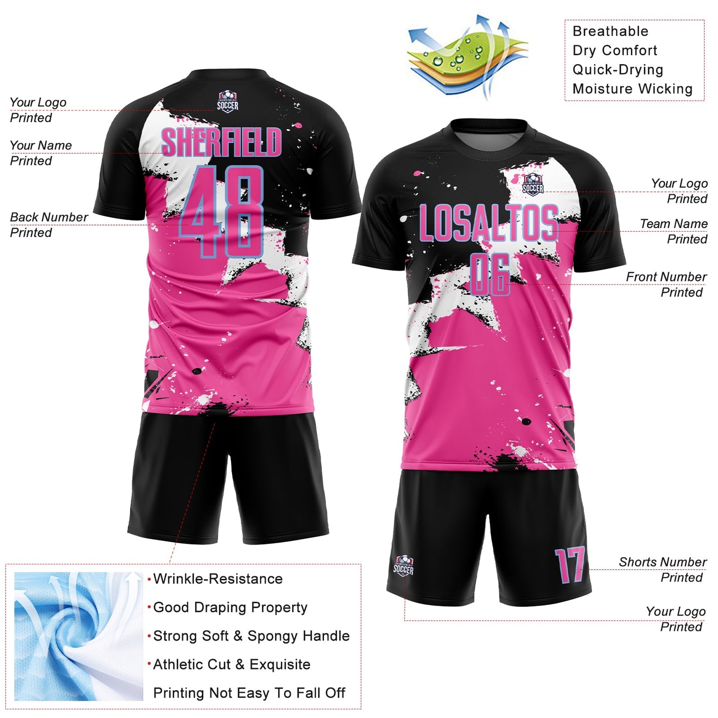 Custom Black Pink-Light Blue Splash Sublimation Soccer Uniform Jersey - Sky-Custom