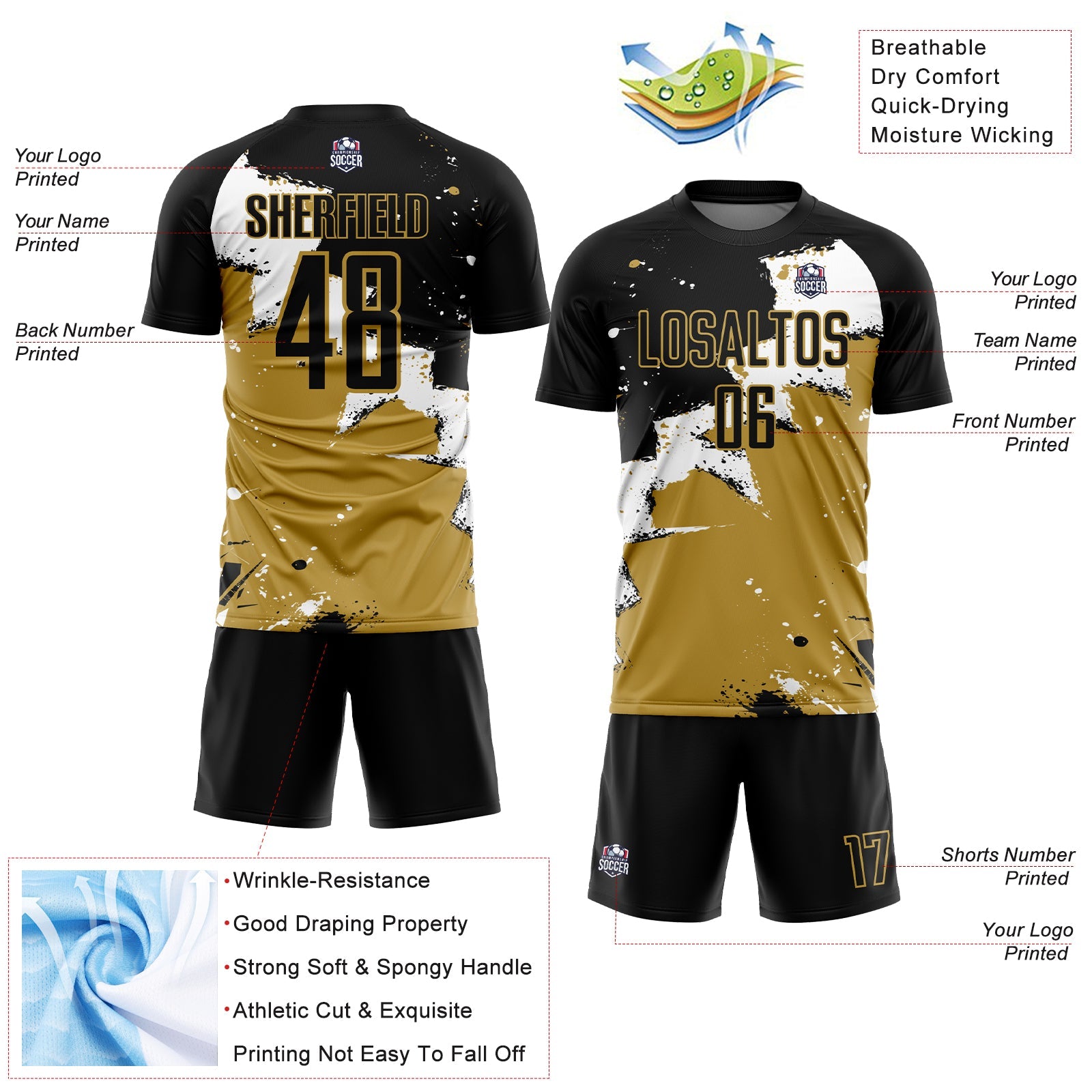 Custom Black White-Old Gold Splash Sublimation Soccer Uniform Jersey - Sky-Custom