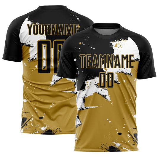 Custom Black White-Old Gold Splash Sublimation Soccer Uniform Jersey - Sky-Custom