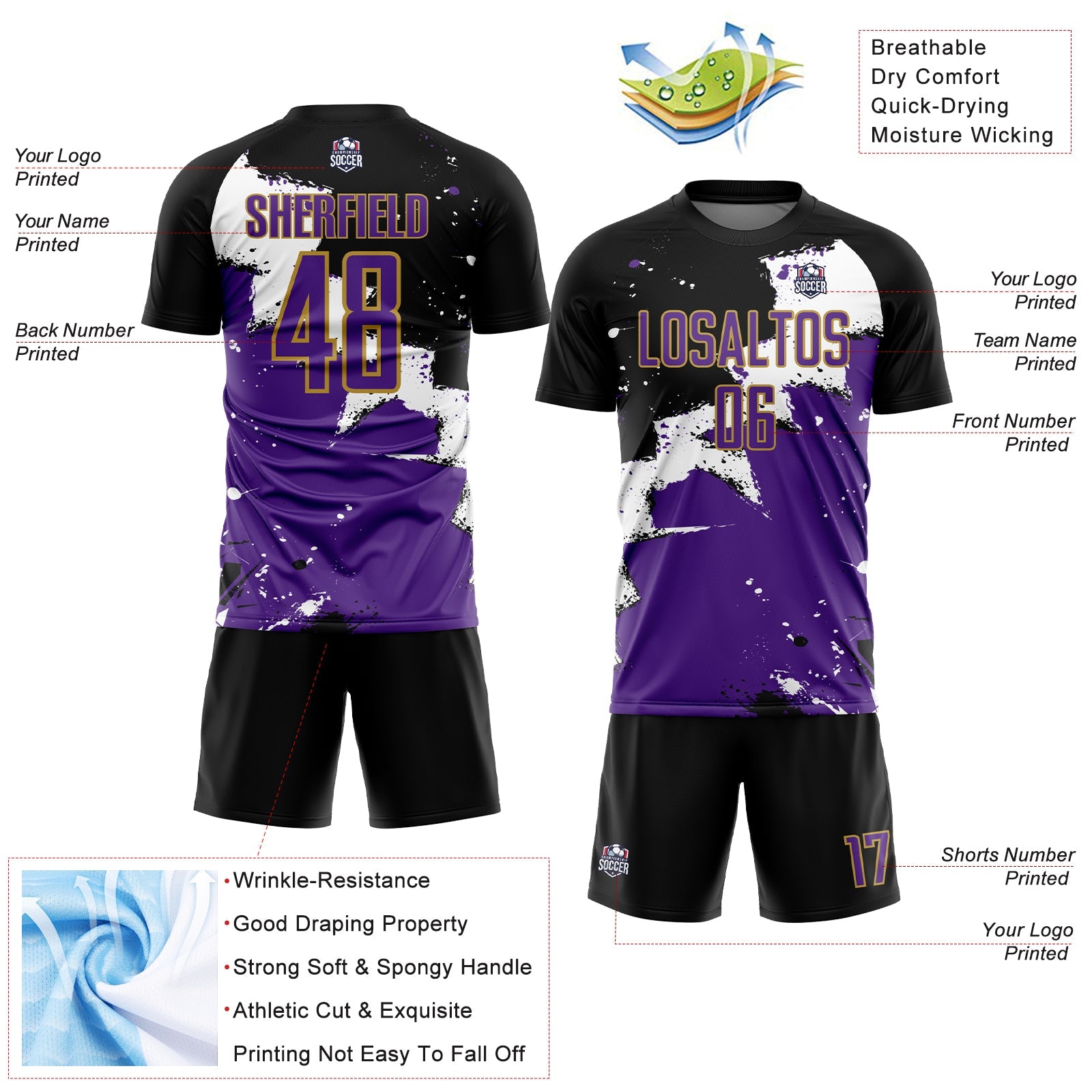 Custom Black Purple-Old Gold Splash Sublimation Soccer Uniform Jersey - Sky-Custom