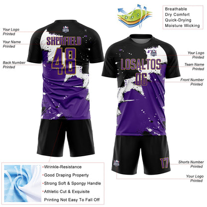 Custom Black Purple-Old Gold Splash Sublimation Soccer Uniform Jersey - Sky-Custom