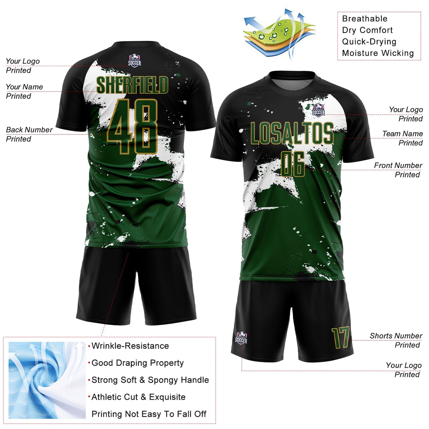 Custom Black Green-Old Gold Splash Sublimation Soccer Uniform Jersey - Sky-Custom