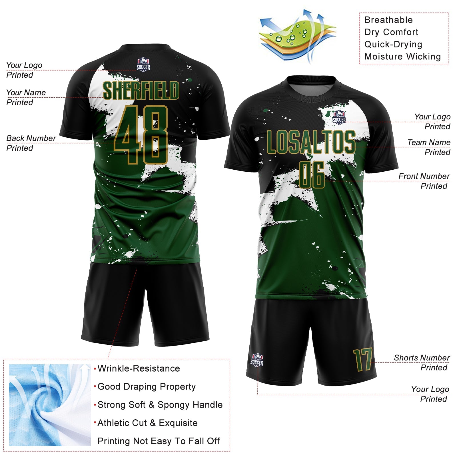 Custom Black Green-Old Gold Splash Sublimation Soccer Uniform Jersey - Sky-Custom