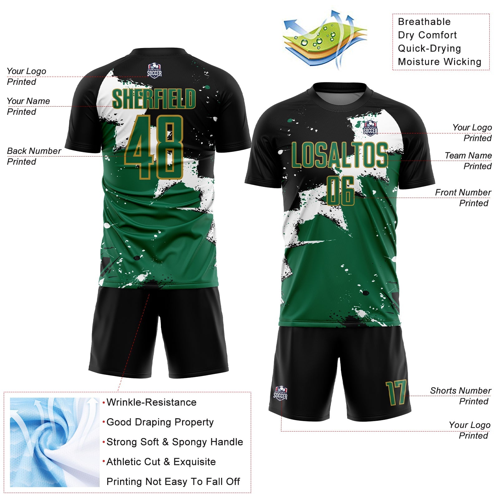 Custom Black Kelly Green-Old Gold Splash Sublimation Soccer Uniform Jersey - Sky-Custom