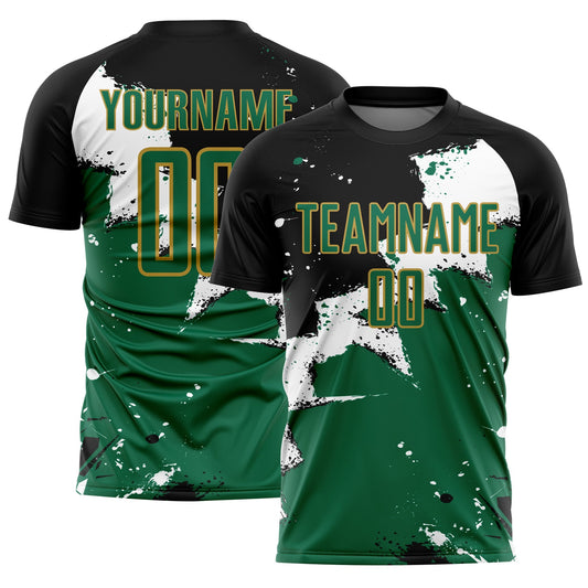 Custom Black Kelly Green-Old Gold Splash Sublimation Soccer Uniform Jersey - Sky-Custom