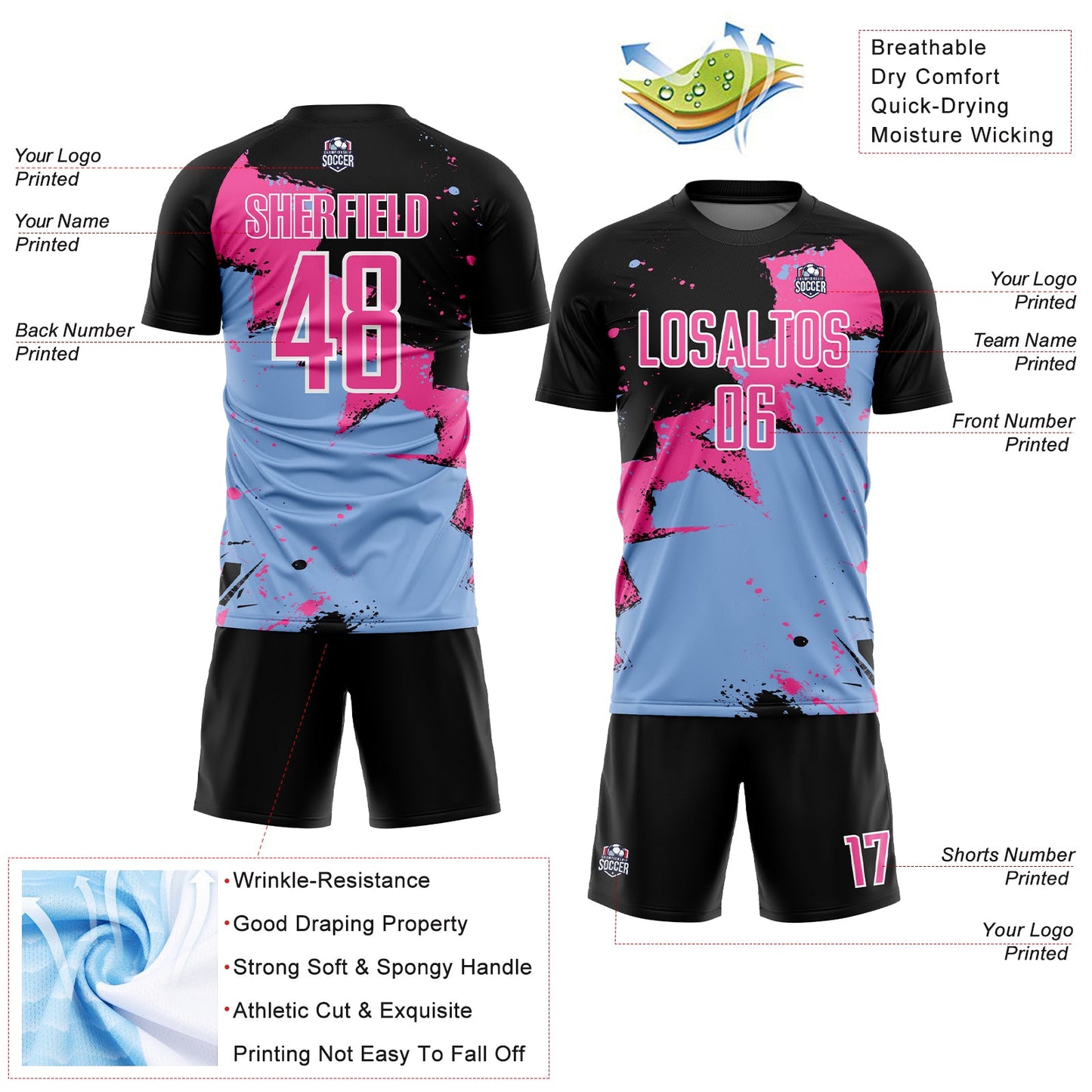 Custom Black Pink-Light Blue Splash Sublimation Soccer Uniform Jersey - Sky-Custom