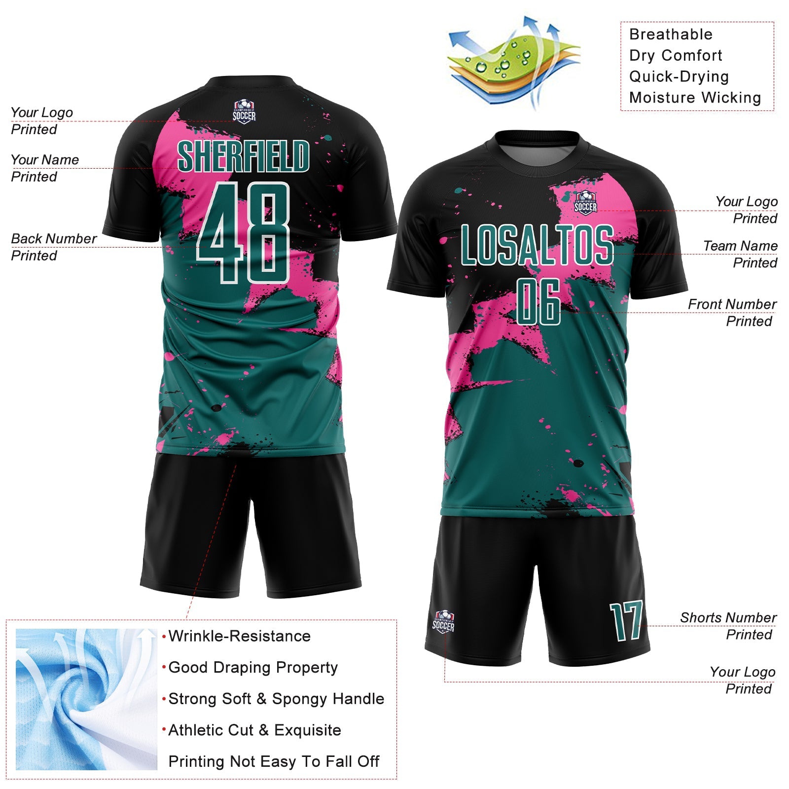 Custom Black Teal-Pink Splash Sublimation Soccer Uniform Jersey - Sky-Custom