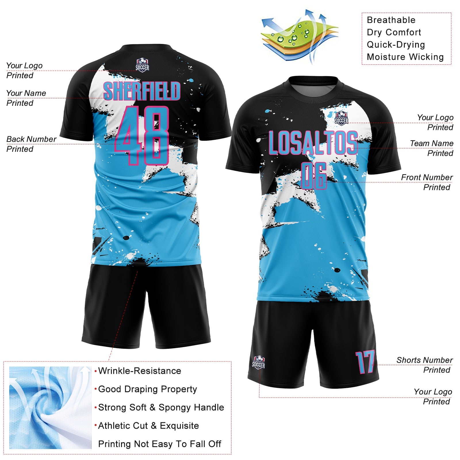 Custom Black Sky Blue-Pink Splash Sublimation Soccer Uniform Jersey - Sky-Custom