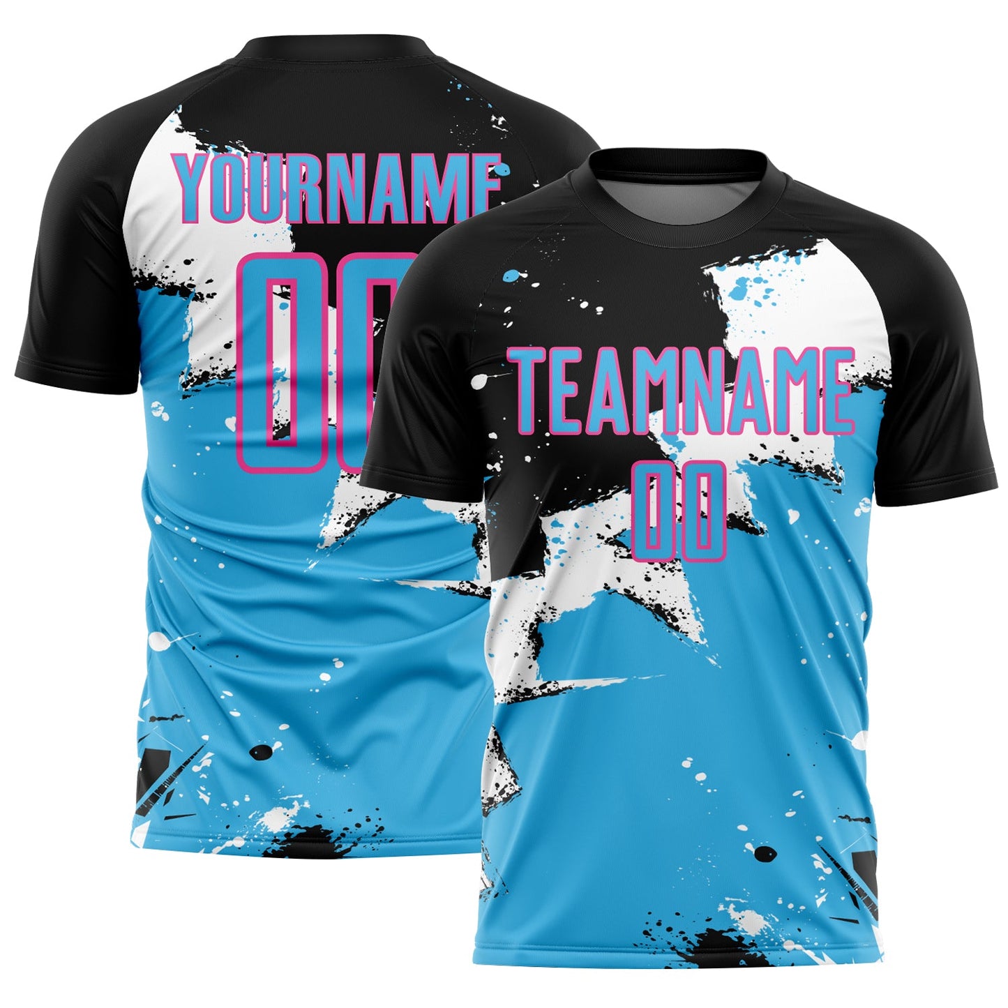 Custom Black Sky Blue-Pink Splash Sublimation Soccer Uniform Jersey - Sky-Custom