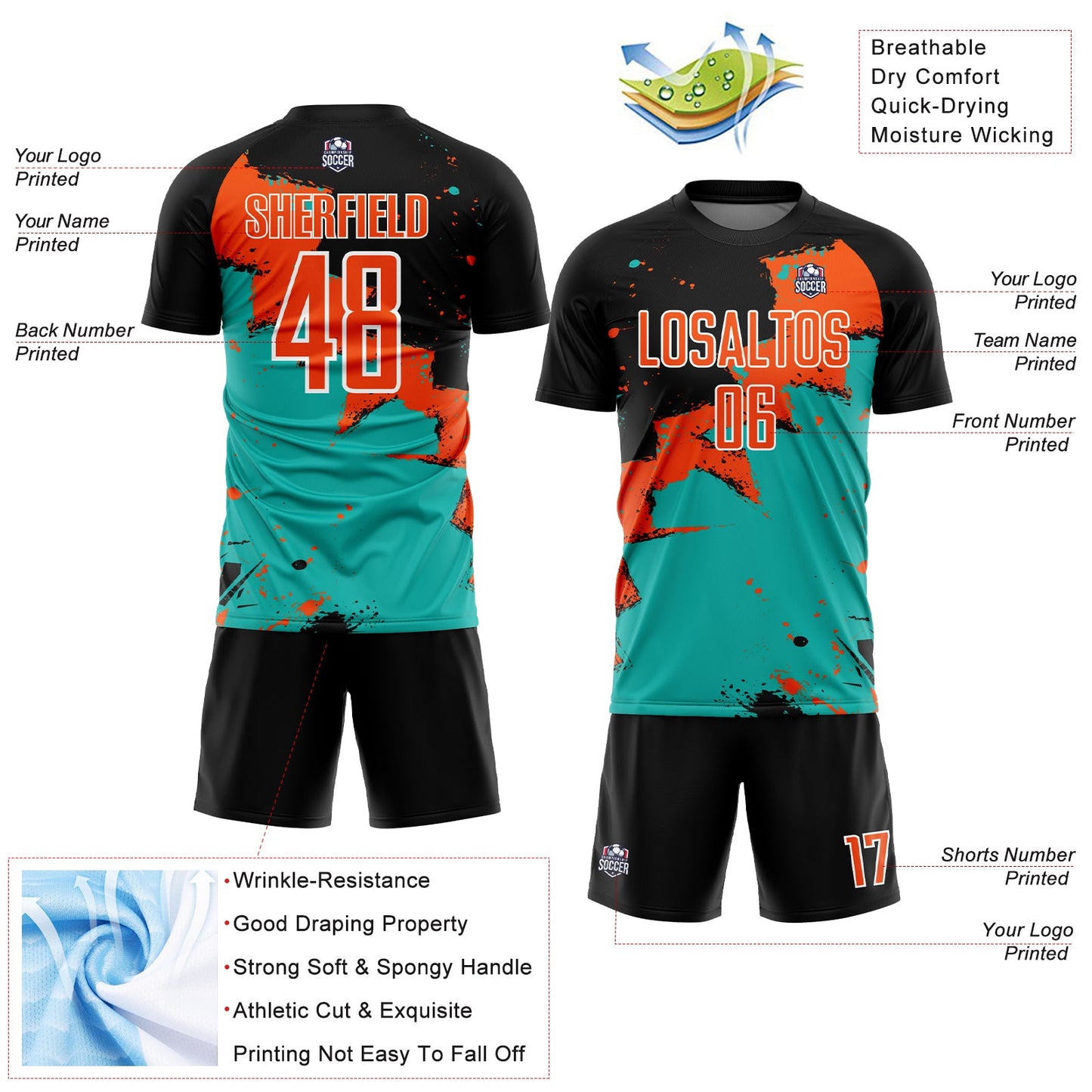 Custom Black Orange-Aqua Splash Sublimation Soccer Uniform Jersey - Sky-Custom