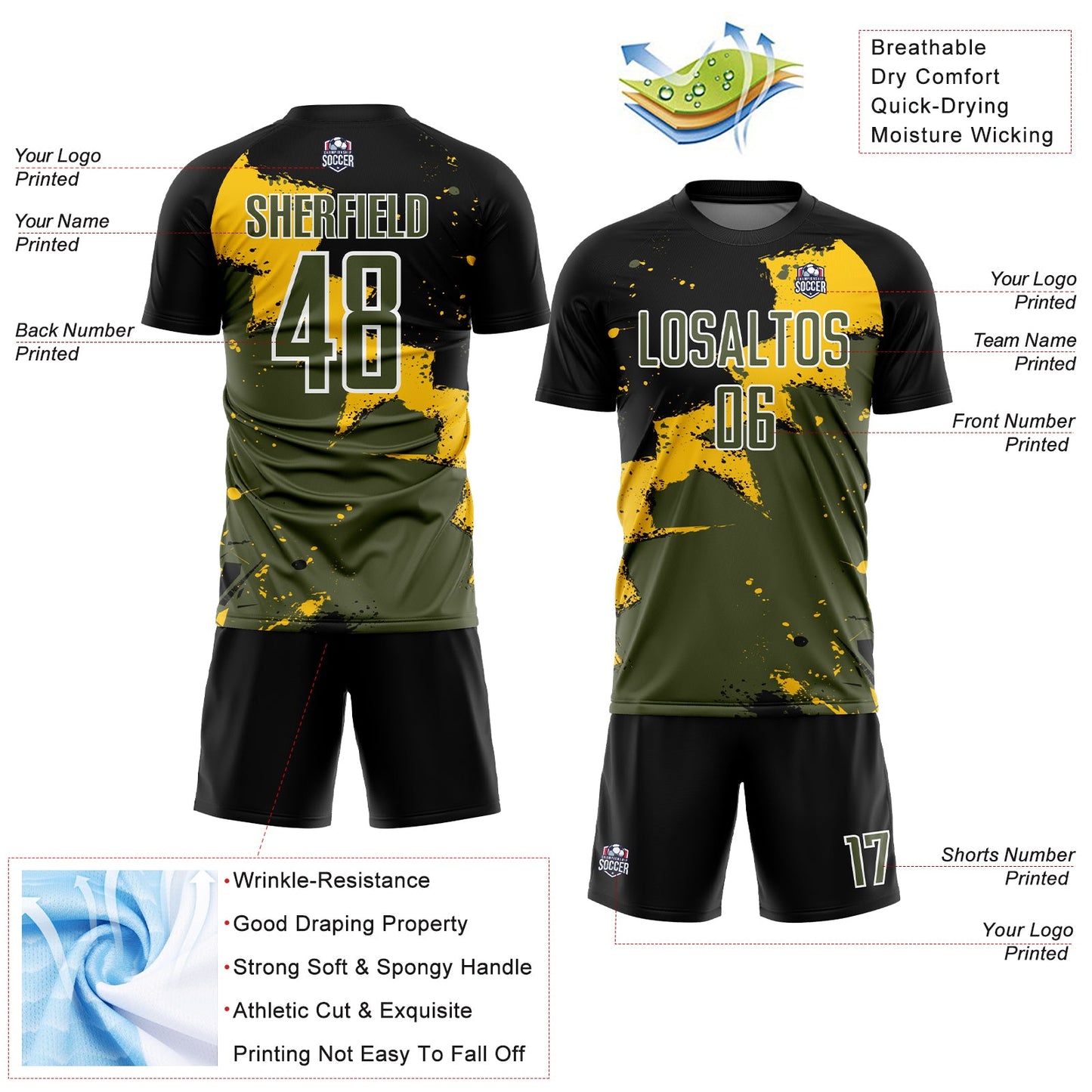 Custom Black Olive-Yellow Splash Sublimation Soccer Uniform Jersey - Sky-Custom