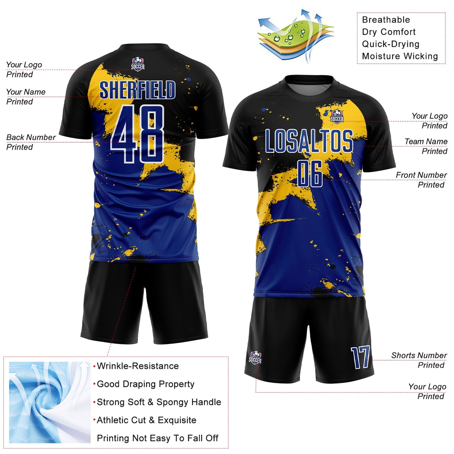 Custom Black Royal-Yellow Splash Sublimation Soccer Uniform Jersey - Sky-Custom