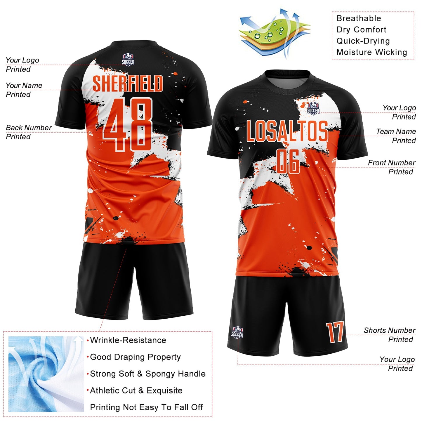 Custom Black Orange-White Splash Sublimation Soccer Uniform Jersey - Sky-Custom