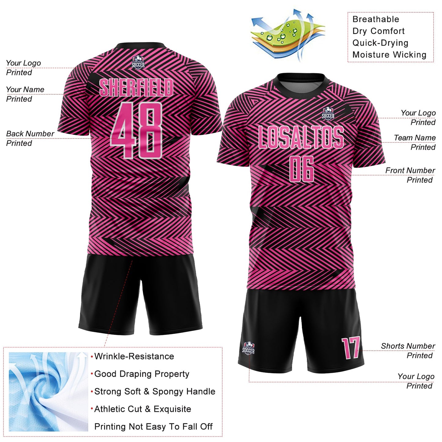 Custom Pink Black-White Line Sublimation Soccer Uniform Jersey - Sky-Custom