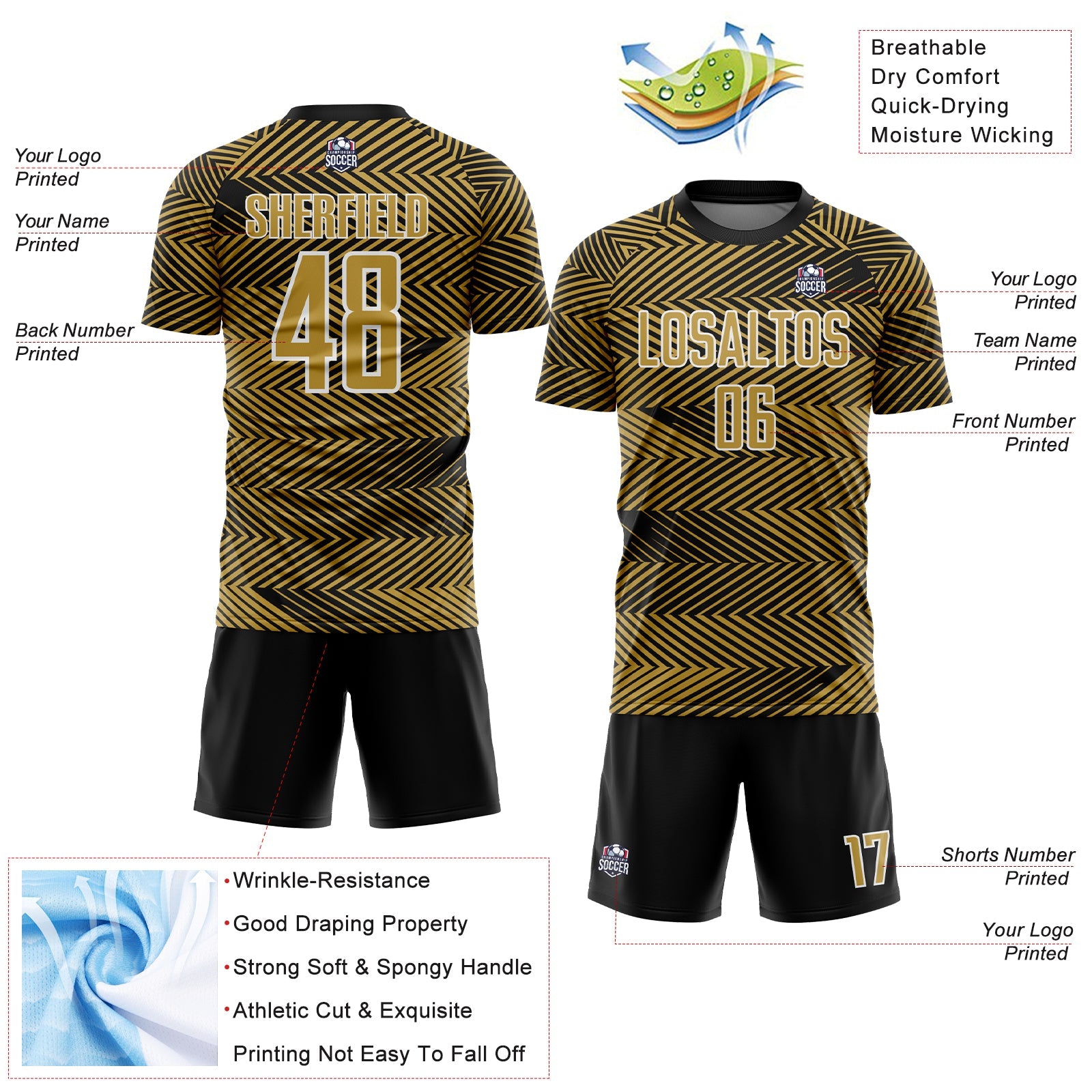 Custom Old Gold Black-White Line Sublimation Soccer Uniform Jersey - Sky-Custom