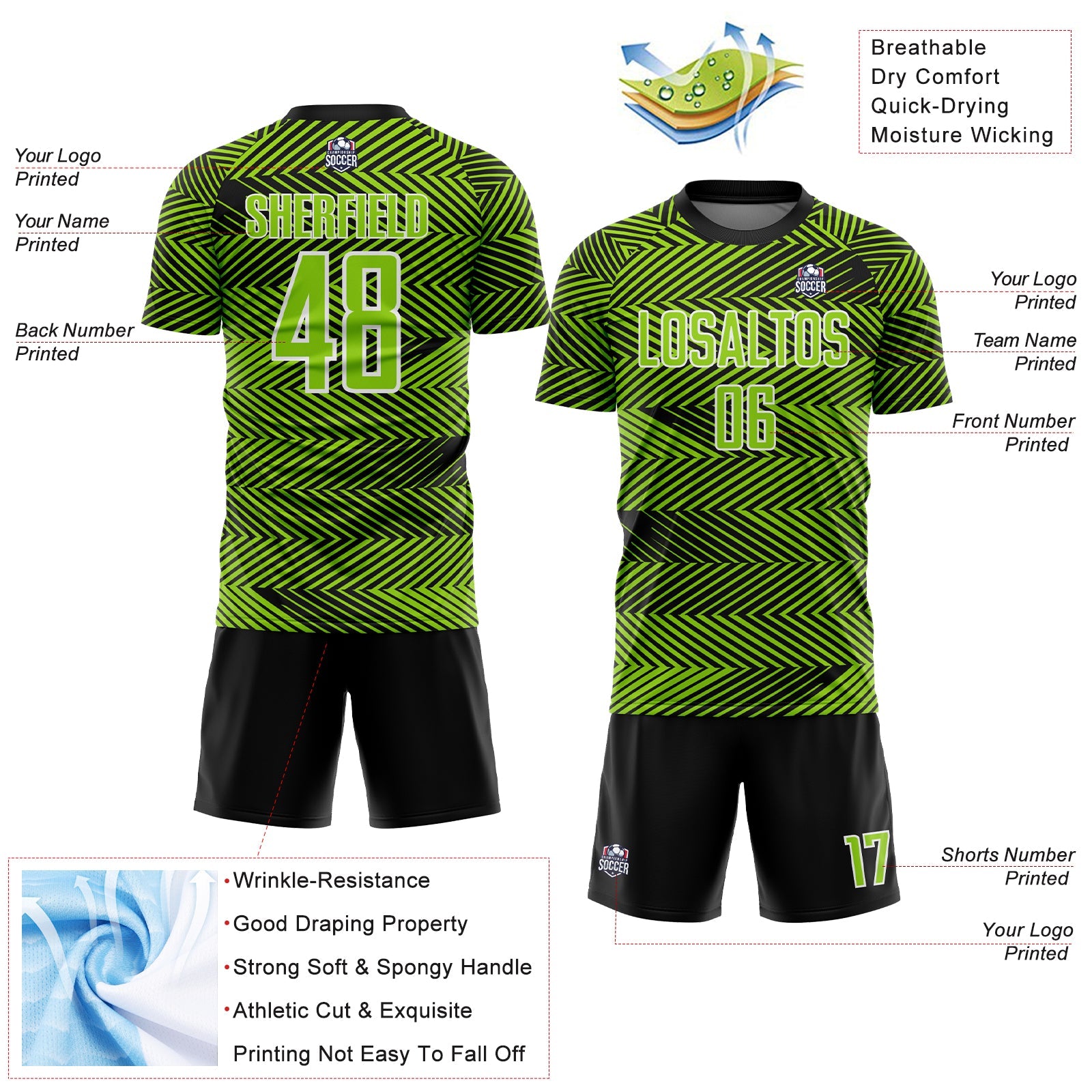 Custom Neon Green Black-White Line Sublimation Soccer Uniform Jersey - Sky-Custom