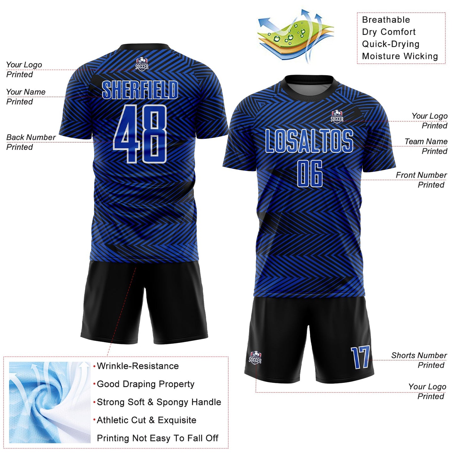 Custom Thunder Blue Black-White Line Sublimation Soccer Uniform Jersey - Sky-Custom