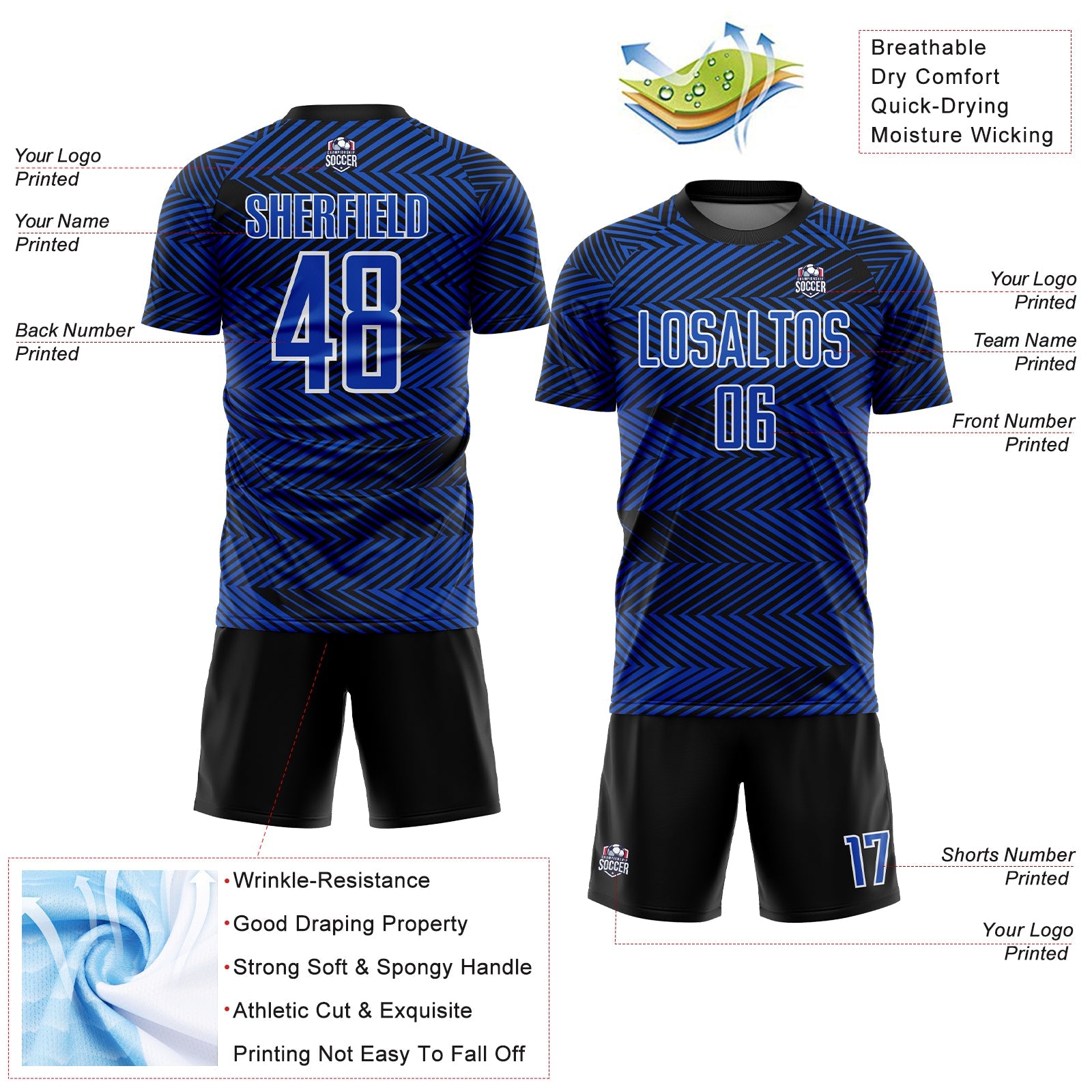 Custom Thunder Blue Black-White Line Sublimation Soccer Uniform Jersey - Sky-Custom