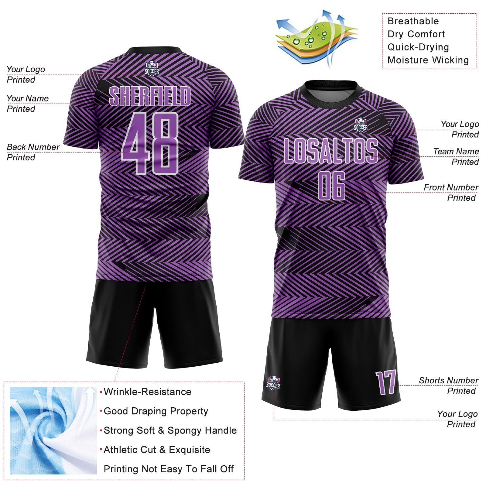 Custom Medium Purple Black-White Line Sublimation Soccer Uniform Jersey - Sky-Custom