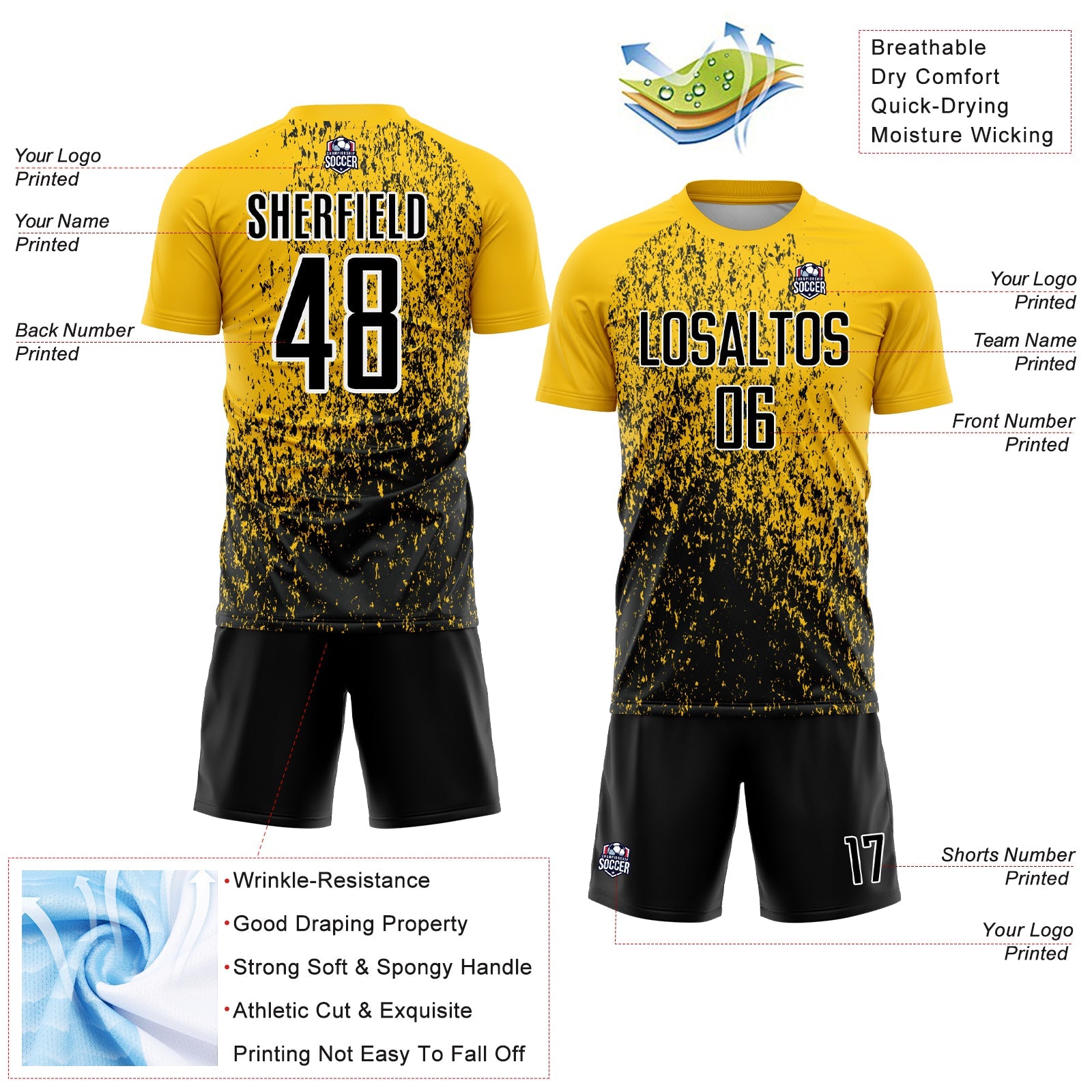 Custom Yellow Black-White Abstract Fragment Art Sublimation Soccer Uniform Jersey - Sky-Custom