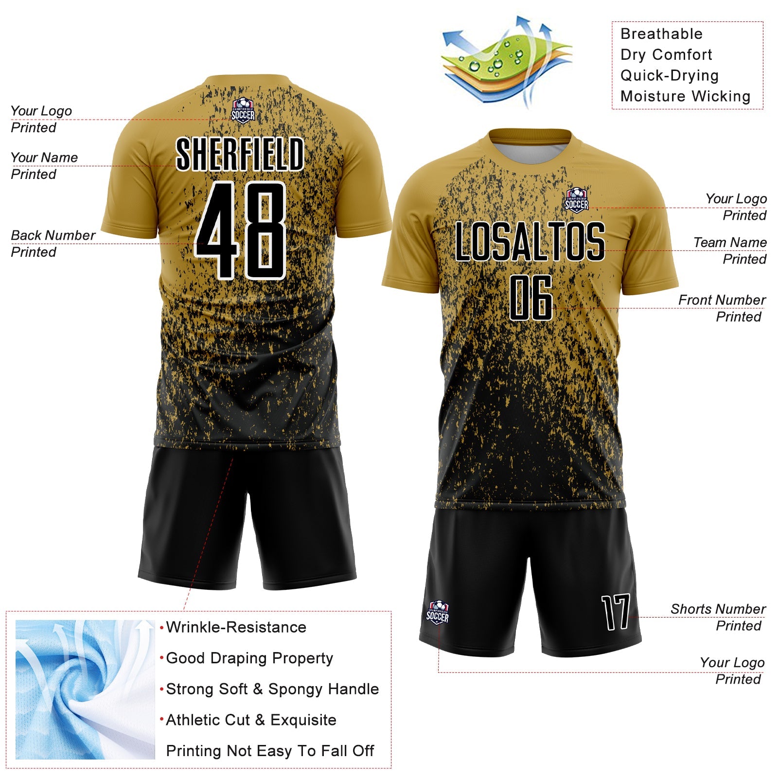 Custom Old Gold Black-White Abstract Fragment Art Sublimation Soccer Uniform Jersey - Sky-Custom