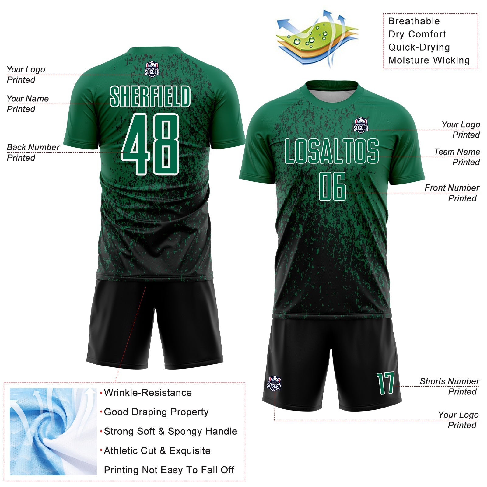 Custom Kelly Green Black-White Abstract Fragment Art Sublimation Soccer Uniform Jersey - Sky-Custom