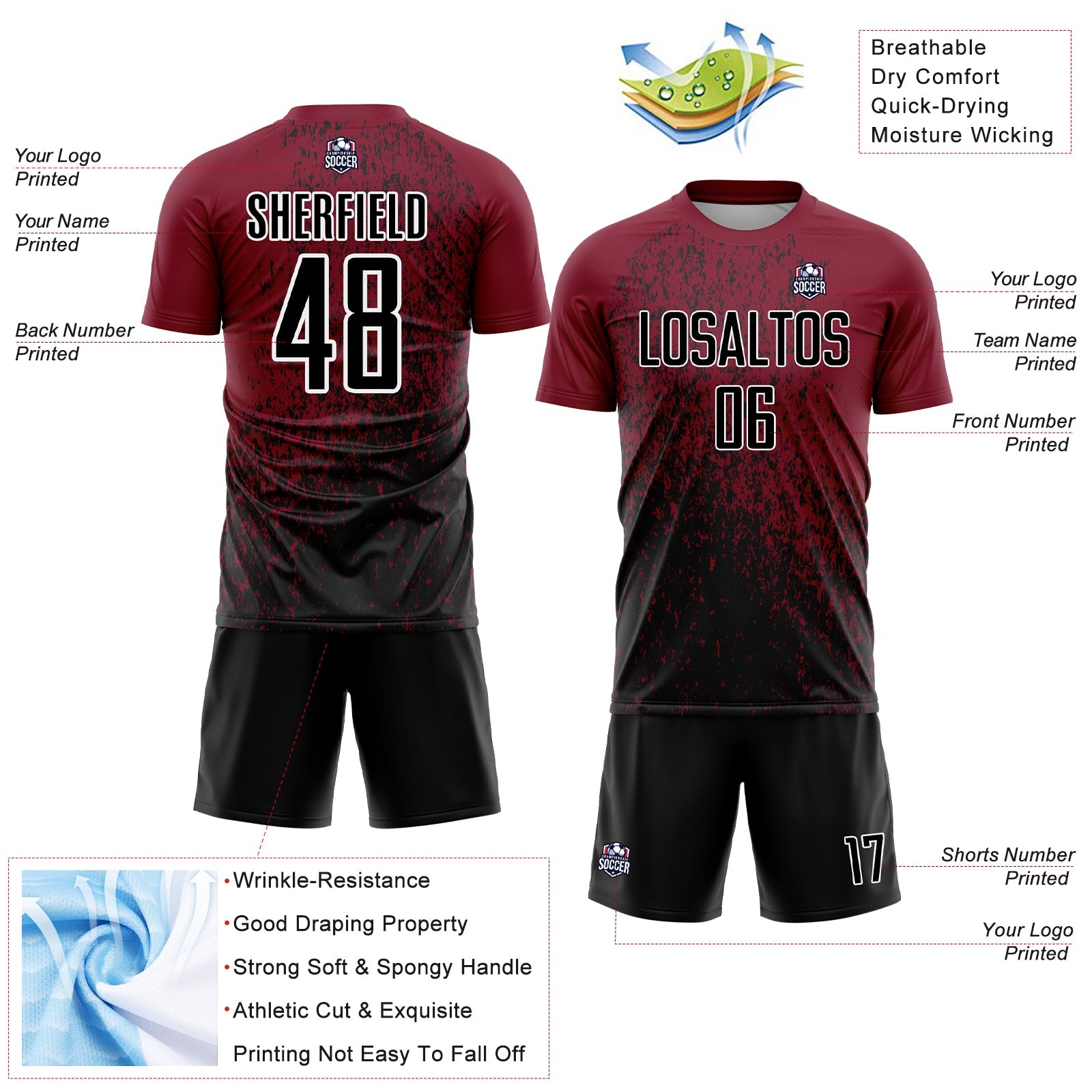 Custom Crimson Black-White Abstract Fragment Art Sublimation Soccer Uniform Jersey - Sky-Custom