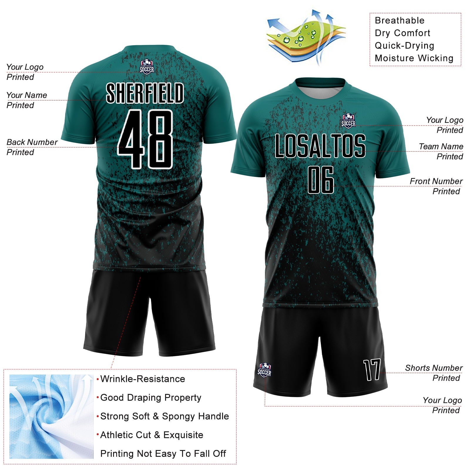Custom Teal Black-White Abstract Fragment Art Sublimation Soccer Uniform Jersey - Sky-Custom