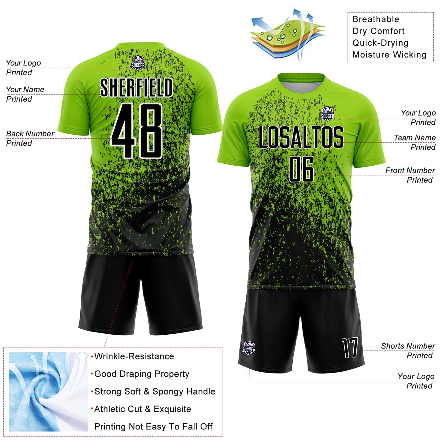 Custom Neon Green Black-White Abstract Fragment Art Sublimation Soccer Uniform Jersey - Sky-Custom
