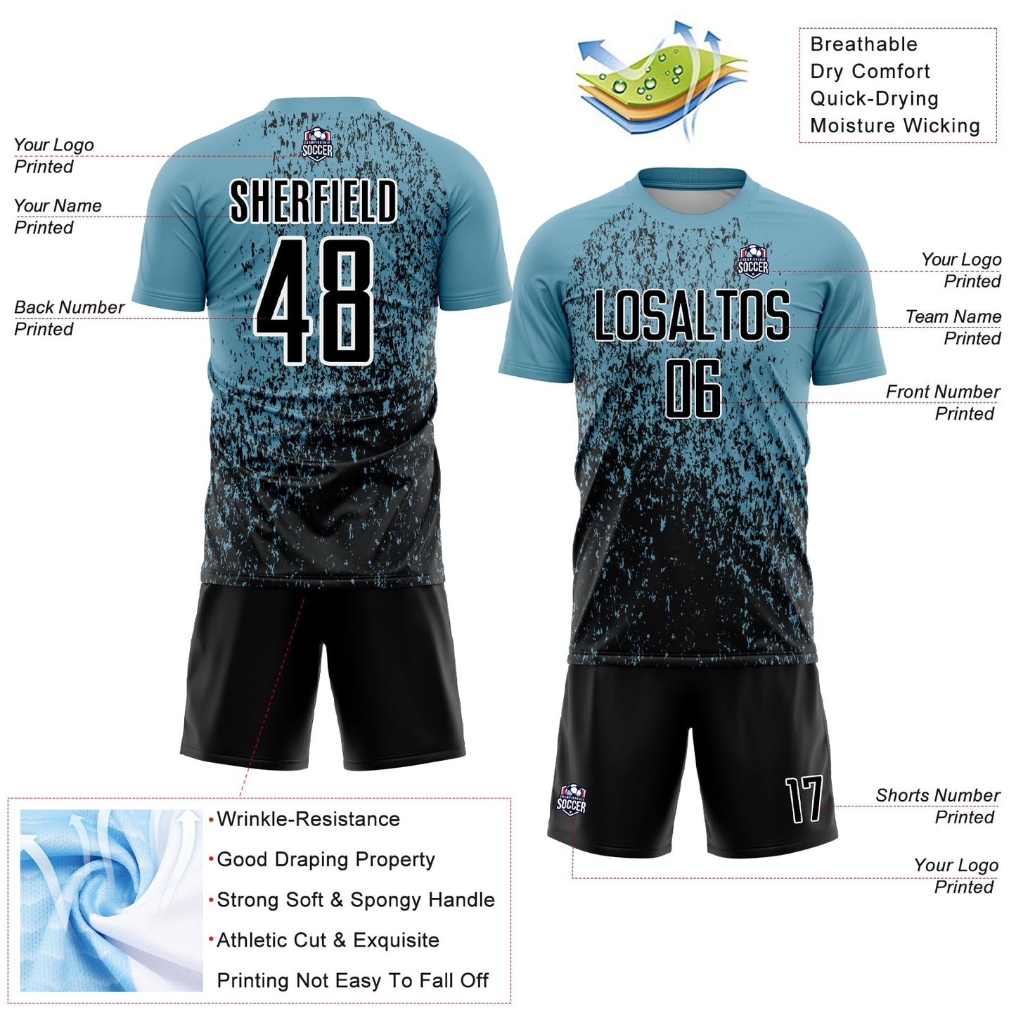 Custom Shadow Blue Black-White Abstract Fragment Art Sublimation Soccer Uniform Jersey - Sky-Custom