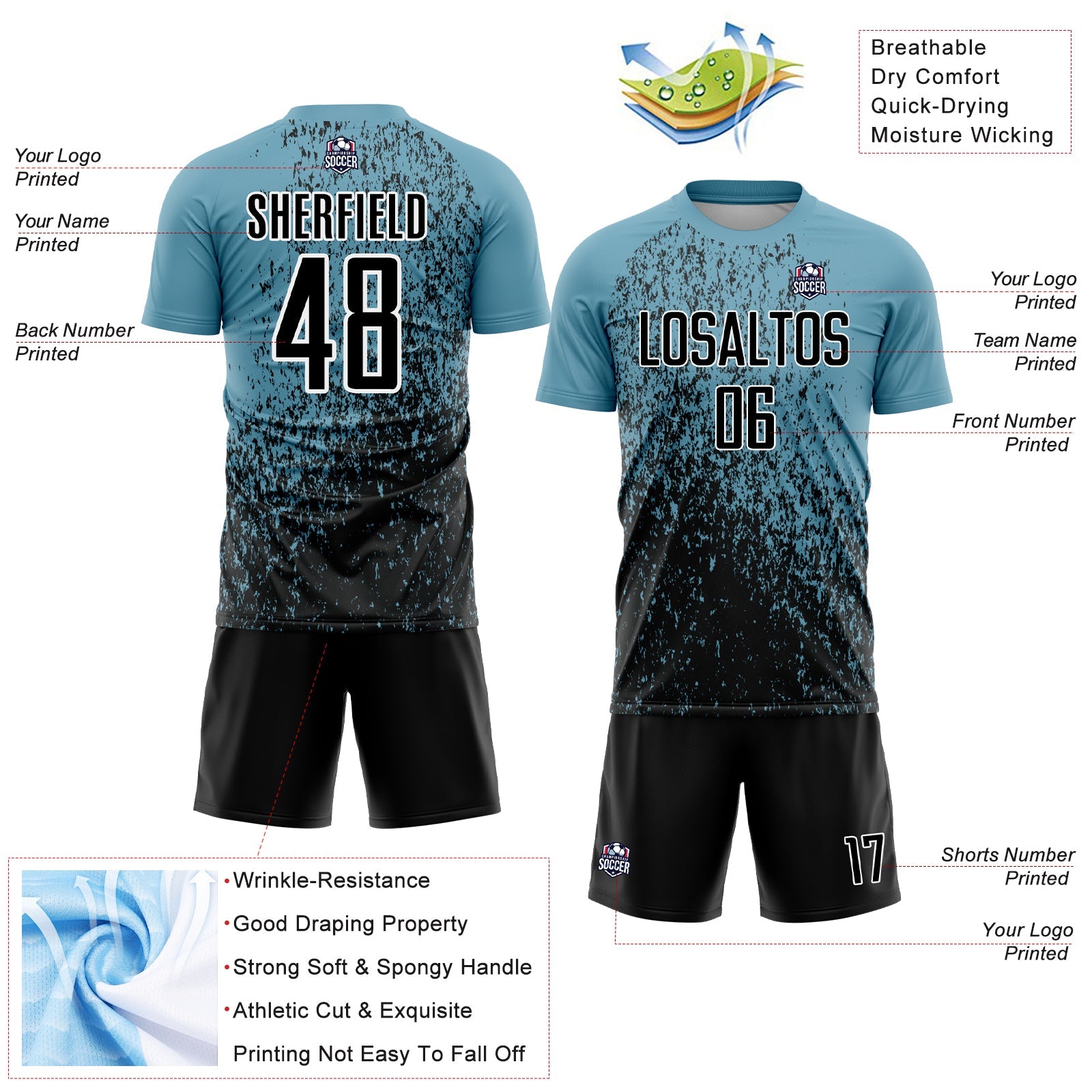 Custom Shadow Blue Black-White Abstract Fragment Art Sublimation Soccer Uniform Jersey - Sky-Custom